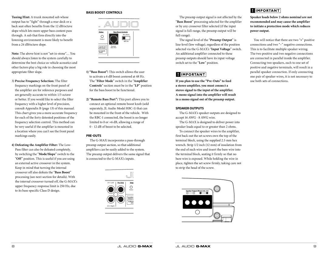 JL Audio RBC-1 owner manual Bass BOOST CONTROLS, Speaker loads below 2 ohms nominal are not, Pre-OUTS, Speaker Outputs 